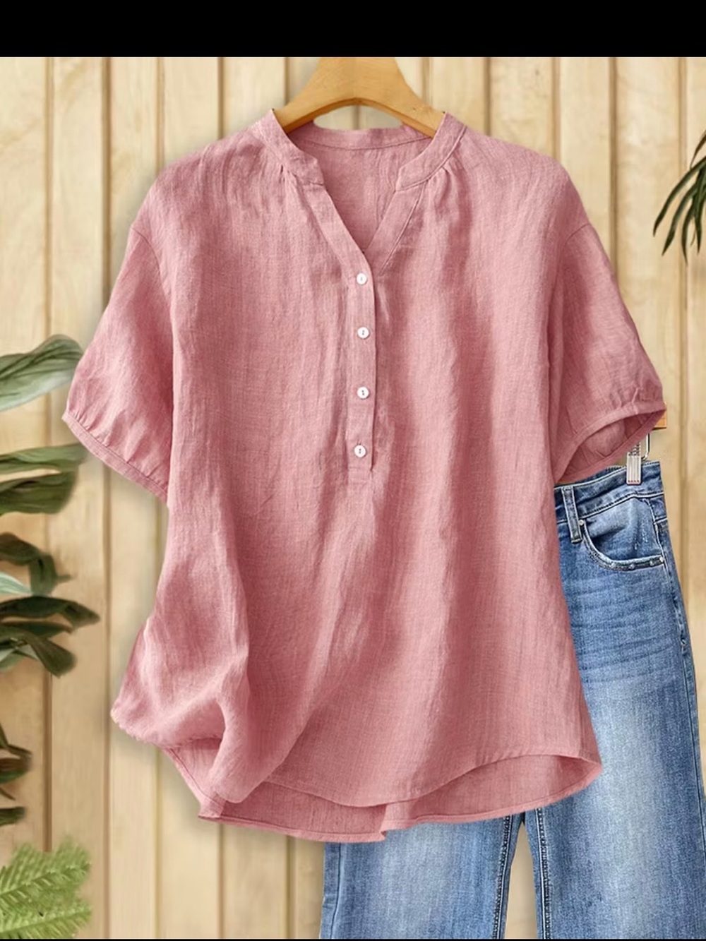 Mint Boutique Women’s Pink Linen Blend Button-Front Tunic Top